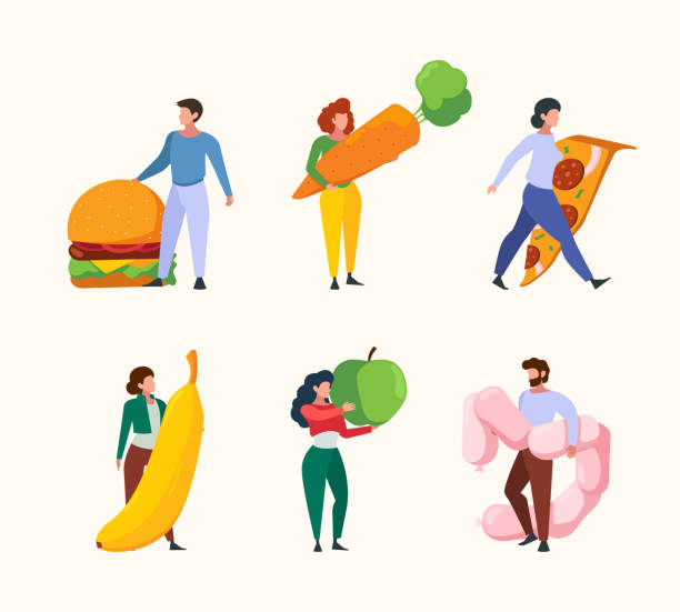 illustrazioni stock, clip art, cartoni animati e icone di tendenza di personaggi con cibo. persone in possesso di prodotti naturali verdure e frutta fast food spazzatura sgargiante vettore piatto persone illustrazioni - men banana holding cut out