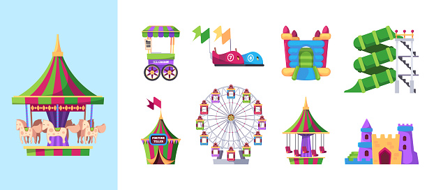 Attraction kids. Amusement park symbols children game machines carousel swing inflatable catapult wheel rides garish vector flat pictures collection. Illustration entertainment and amusement park