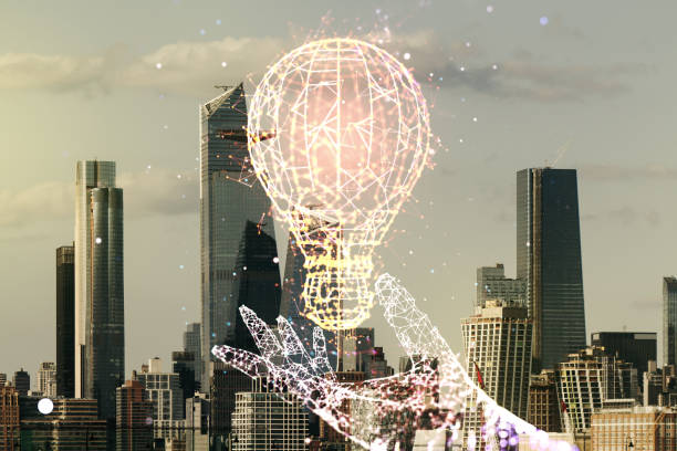 istock Virtual Idea concept with light bulb illustration on New York city skyline background. Multiexposure 1319016146