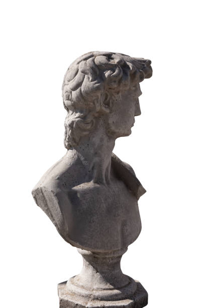 istock Side view of ancient stone sculpture of man's bust on white background 1319016421