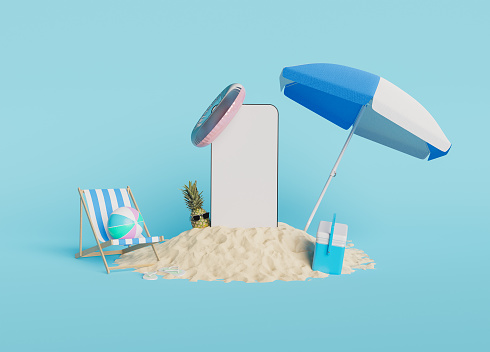 minimalistic mockup of mobile phone on beach sand mountain with summer vacation accessories. 3d render