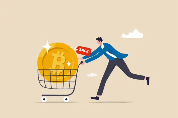 Vector illustration of Buying Bitcoin on sale when cryptocurrency price crash to make profit concept, smart man buying or purchasing crypto currency Bitcoin in shopping cart trolley to speculate earning in the future.