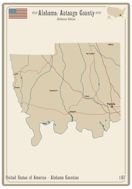 Map of Autauga County in Alabama Map on an old playing card of Autauga county in Alabama, USA. alabama state map with cities stock illustrations