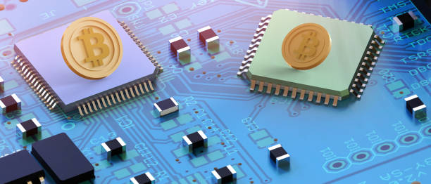 istock Crypto currency, virtual electronic, internet money. Bitcoin and blockchain microchips Concept on Circuit Boards - 3d rendering 1319020773