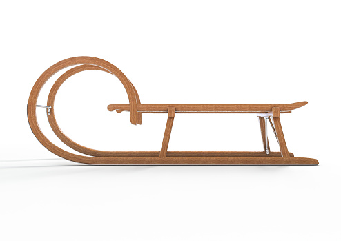 A vintage styled wooden snow sled on an isolated white studio background - 3D render