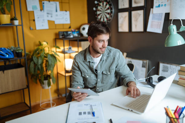 Employee working online from modern office, trading with cryptocurrencies