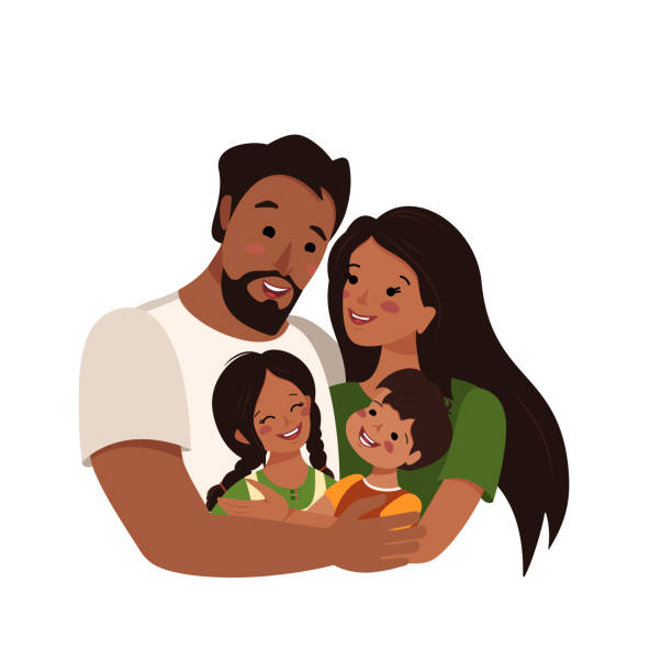 ilustrações de stock, clip art, desenhos animados e ícones de happy african american or latin family with dark skin and black hair together. international family day. dad hugs mom and children. a group of people. father, mother, daughter and son - latin american and hispanic ethnicity illustrations