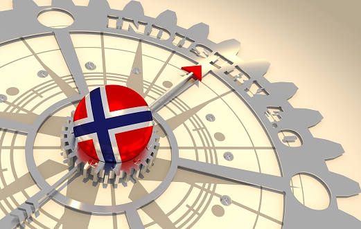 Industry four point zero text on the mechanism of gears. Concept in industrial design. Abstract compass points to the success word. 3D rendering. Flag of Norway.