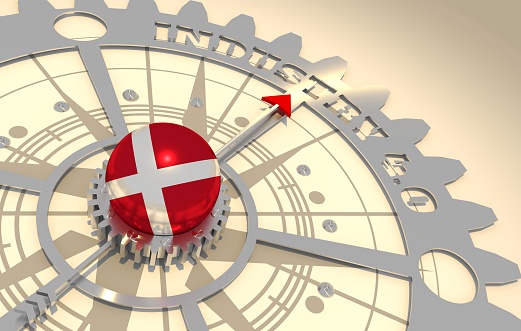 Industry four point zero text on the mechanism of gears. Concept in industrial design. Abstract compass points to the success word. 3D rendering. Flag of Denmark.