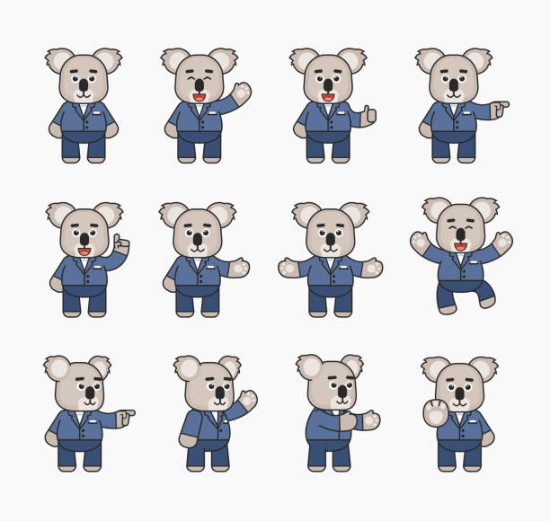 다양한 손 짓을 보여주는 양복에 코알라 곰 세트 - 그만 모션 애니메이션 stock illustrations