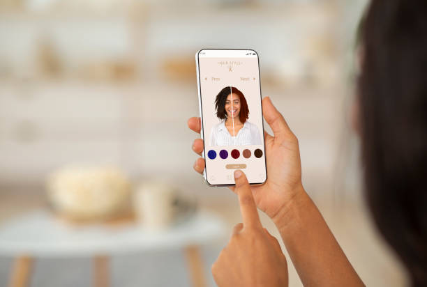 augmented reality beauty app. kvinna försöker olika hårfärg online - augmented reality bildbanksfoton och bilder