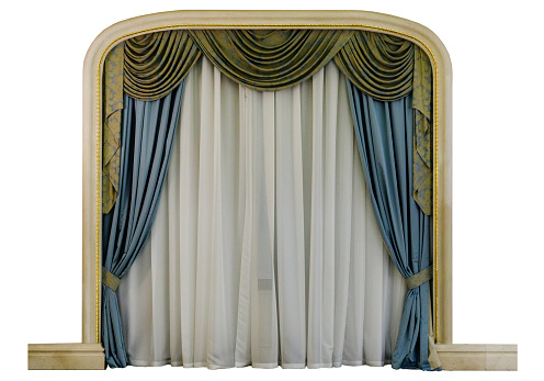 Classic draped layered luxury curtains in a niche isolated.