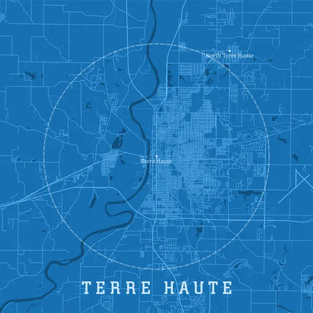 Vector illustration of Terre Haute IN City Vector Road Map Blue Text