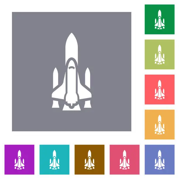 Vector illustration of Space shuttle with launchers square flat icons