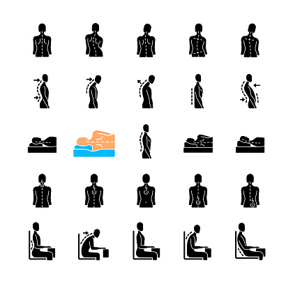 Back and posture problems black glyph icons set on white space. Spinal abnormalities. Maintaining natural alignment. Sitting, sleeping position. Silhouette symbols. Vector isolated illustration