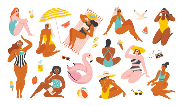 ilustraciones, imágenes clip art, dibujos animados e iconos de stock de colección de verano. ilustración vectorial de mujeres en reposo y objetos y frutas se asocia con vacaciones de verano y vacaciones junto al mar. escena de creador en un estilo plano. - beach women swimwear summer