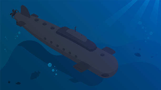 bildbanksillustrationer, clip art samt tecknat material och ikoner med militär stridsubåt går tyst ner till havets botten för att utföra stridsuppdrag. kärnflottan. vektor - nuclear monitoring