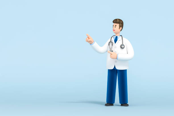 istock 3d Doctor of medicine points up with his finger open space on blue background 3d rendering. 3d illustration Medical insurance template, hospital, medical healthcare concept. 1319030380