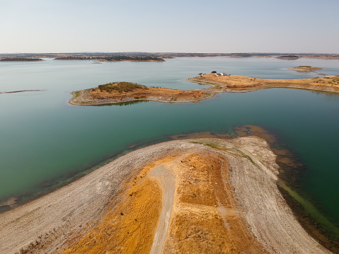 Drone photo of the Alqueva Dam in the Alentejo district in the South of Portugal.