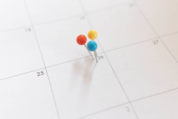 istock Important date and calendar appointment.Pins on calendar 1319031178