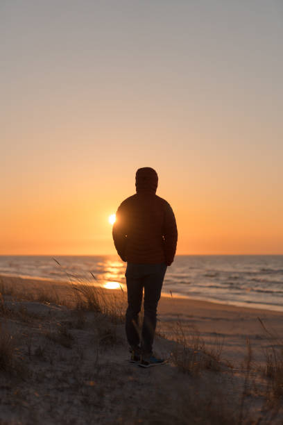 istock Autumn beach relaxation. Man standing on the sand dune between reeds 1319032023