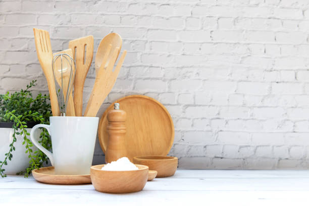 istock Kitchen tools and kitchenware utensil object with ingredients on kitchen shelf wood white for healthy eat 1319032086