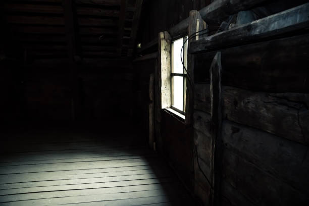 istock Horror background causing fear. Scary mystical mysterious dark attic room in an abandoned wooden old empty house with a strange ghostly light on the floor from the window 1319034046