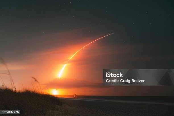 Spacex Falcon 9 Rocket Launch From Melbourne Beach Stock Photo - Download Image Now - Rocketship, Long Exposure, SpaceX Falcon-9
