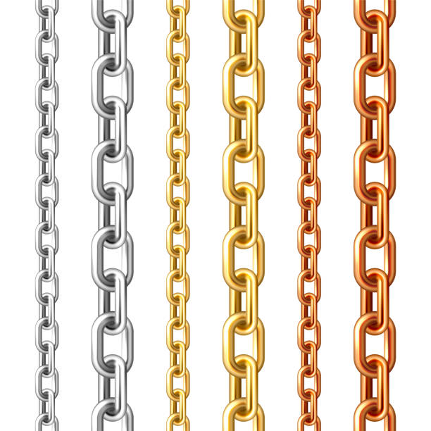 istock Realistic seamless golden, silver and bronze chains isolated on white background. Metal chain with shiny gold plated links. Vector illustration 1319037410