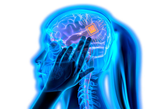 istock Woman with micro chip brain implant 1319040181