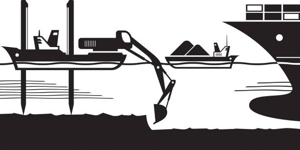 ilustraciones, imágenes clip art, dibujos animados e iconos de stock de excavadora de barcazas se desn paso a nave de carga - draga