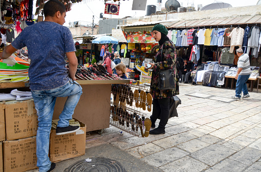 Jerusalem, Israel May 11, 2018: Unidentified people shopping in the traditional bazaar in the Muslim quarter of Jerusalem