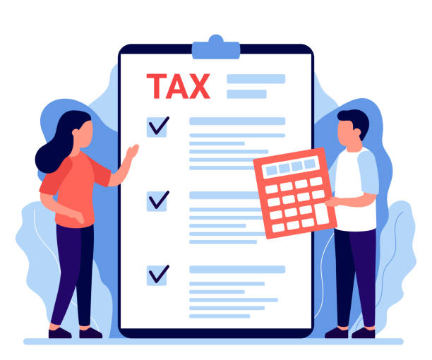 ilustrações de stock, clip art, desenhos animados e ícones de people are counting taxes. fees paying on law, tax insurance. financial charge, obligatory payment calculating, expenses. personal income tax, doing taxes, credit. vector flat illustration - finance law tax form tax