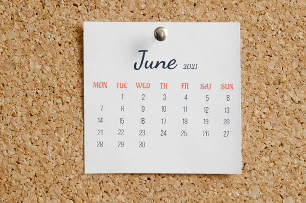 página do calendário para o mês inteiro: junho 2021.folha de calendário branca anexada à placa de cortiça marrom - june calendar page personal organizer - fotografias e filmes do acervo