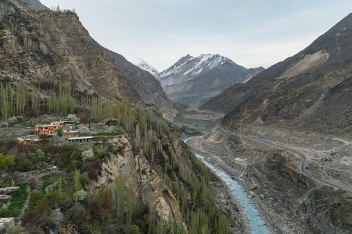 Scenic view of river in mountains of northern Pakistan