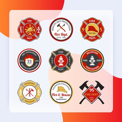 Fire department rescue and protection volunteers and professional firefighter emblems set isolated vector