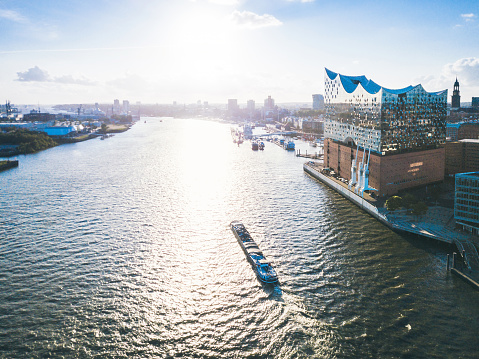 panoramic drone view over the river on Hamburg Hafen City with Philharmonie