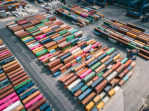 overhead view on colorful cargo containers