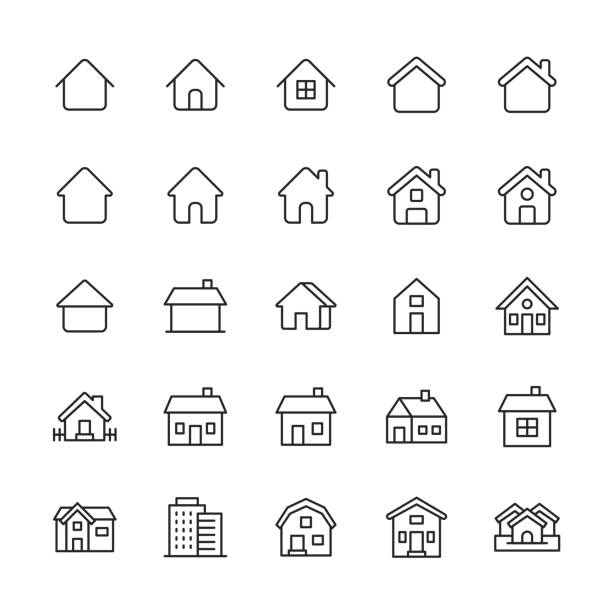 home und building line icons. bearbeitbarer strich. pixel perfekt. für mobile und web. enthält solche symbole wie wohnung, architektur, gebäude, stadt, bau, familie, hotel, haus, hütte, hypothek, nachbarschaft, büro, immobilien, wolkenkratzer, lager. - wohnungsprobleme stock-grafiken, -clipart, -cartoons und -symbole