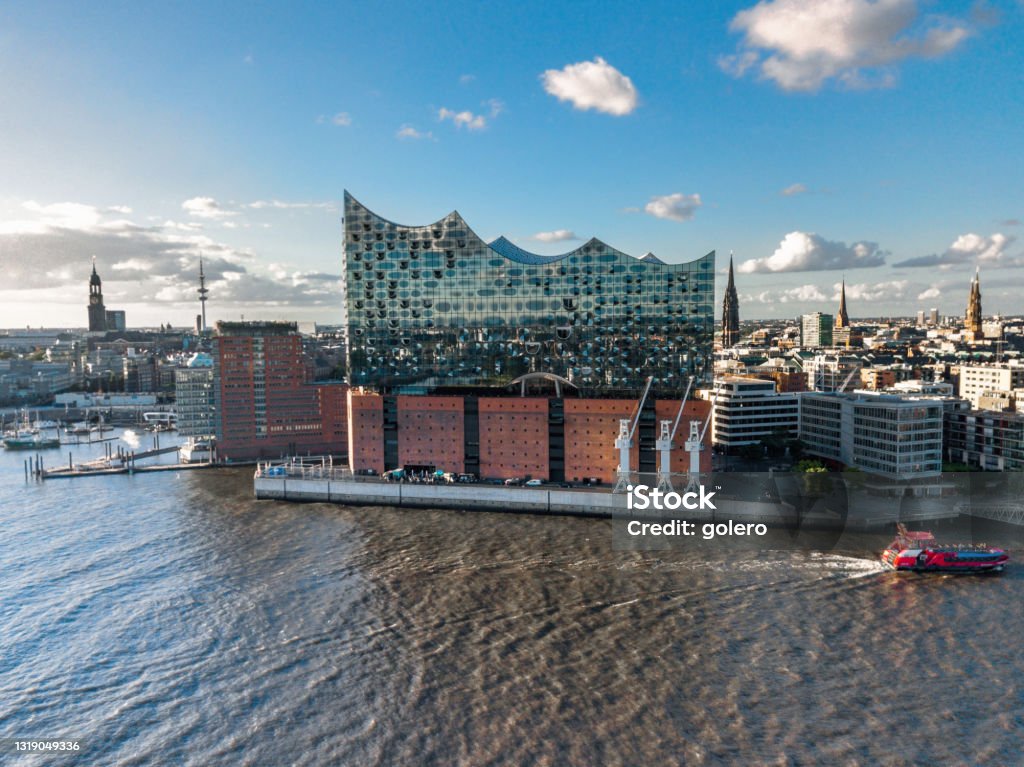 Hamburg Hafen City and city skyline Wide panoramic drone view over the river at Hamburg Hafen city Elbphilharmonie Stock Photo