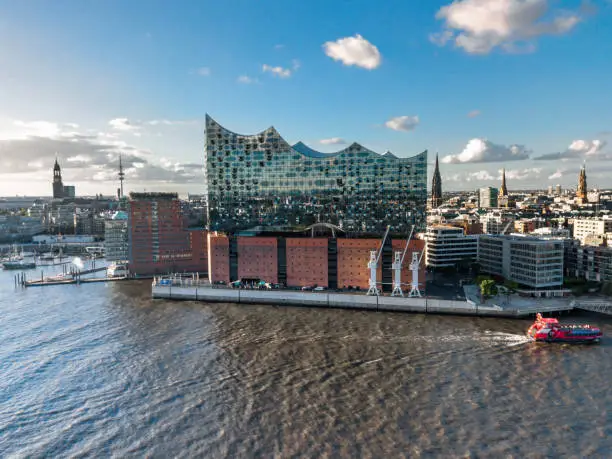 Wide panoramic drone view over the river at Hamburg Hafen city