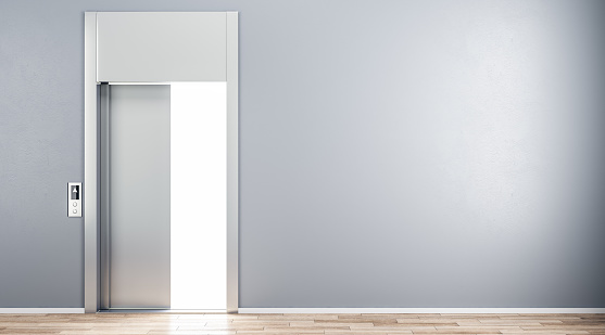 Grey wall with copyspace and open elevator doors in abstract hall. 3D rendering, mockup