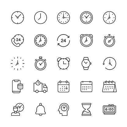 25 Time and Clock Outline Icons. 24 Hours, Alarm, Alarm Clock, Appointment, Bell, Calendar, Checkmark, Clock, Countdown, Date, Deadline, Decrease, Delivery, Efficiency, Growth, Hourglass, Increase, Investment, Logistics, Management, Meeting, Mobile App, Office, Performance, Phone, Piggy Bank, Race, Smartphone, Smartwatch, Support, Time, Watch, Wristwatch.