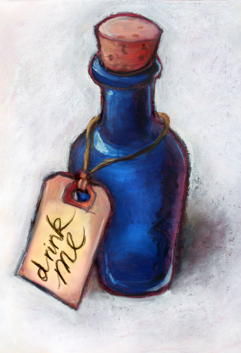 A charcoal and oil paint work of the bottle from Alice in Wonderland with a little string tag that reads 