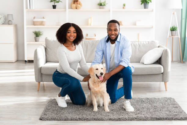 istock Young black couple hugging with dog posing at home 1319057406