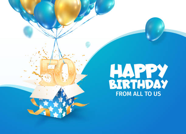 feiern 50. geburtstag vektor-illustration. fünfzig-jahr-feier. erwachsener geburtstag. offene geschenkbox mit den nummern drei und acht fliegen auf ballons. - 50 jahre stock-grafiken, -clipart, -cartoons und -symbole