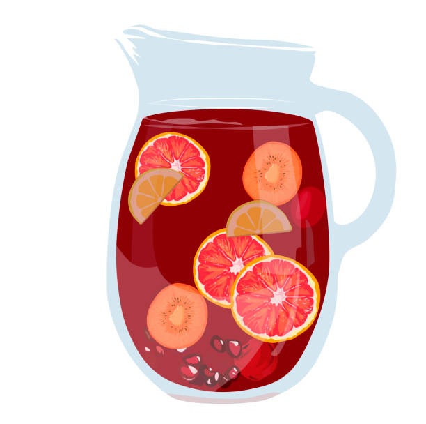 Sangria jug vector stock illustration. Sangria jug vector stock illustration. Spanish summer drink made of fruit and wine. Compote of orange, grapes, strawberries, apples. Isolated on a white background. punch drink stock illustrations