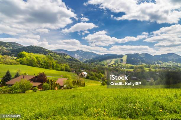 Mountain Village Malenovice And Lysa Hora Stock Photo - Download Image Now - Czech Republic, Mountain, Blue