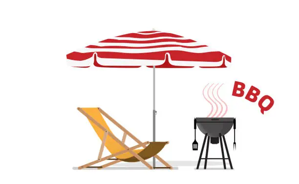 Vector illustration of Vector illustration of vintage caravan with beach chair,BBQ grill and parasol.