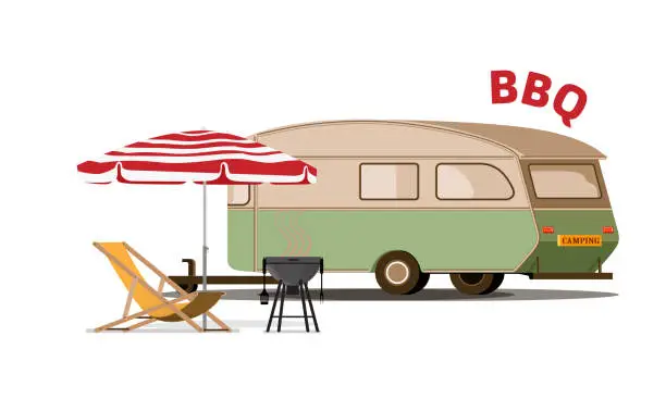 Vector illustration of Vector illustration of vintage caravan with beach chair,BBQ grill and parasol.